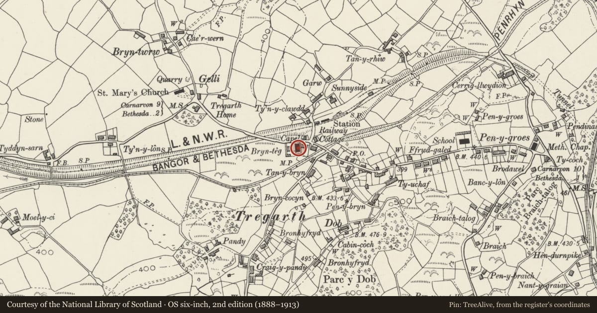 Ordnance Survey six-inch map, 2nd edition (1888–1913) covering the location of Capel Shiloh, Llandygai, Gwynedd, with a pin at the register's coordinates