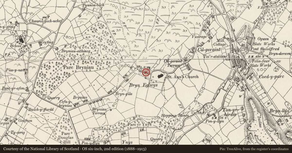 Ordnance Survey six-inch map, 2nd edition (1888–1913) covering the location of 3 Bryn Eglwys, Llandygai, Gwynedd, with a pin at the register's coordinates