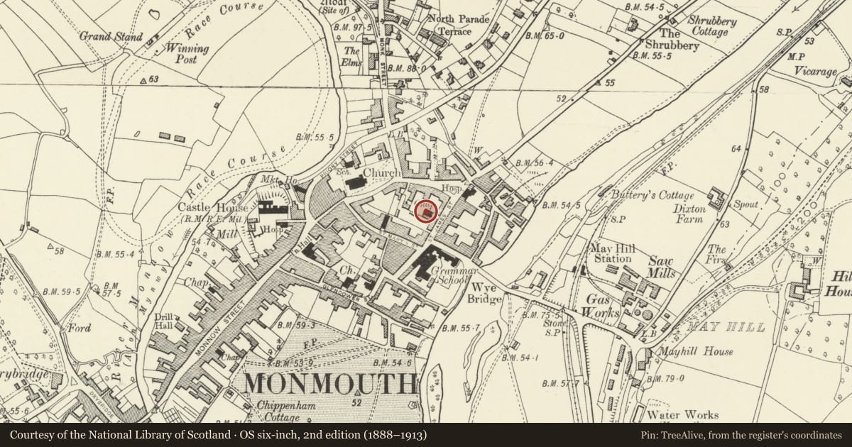 Ordnance Survey six-inch map, 2nd edition (1888–1913) covering the location of Wesleyan Methodist Chapel, Monmouth, Monmouthshire, with a pin at the register's coordinates