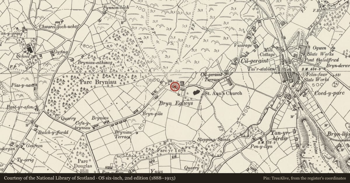 Ordnance Survey six-inch map, 2nd edition (1888–1913) covering the location of 5 Bryn Eglwys, Llandygai, Gwynedd, with a pin at the register's coordinates