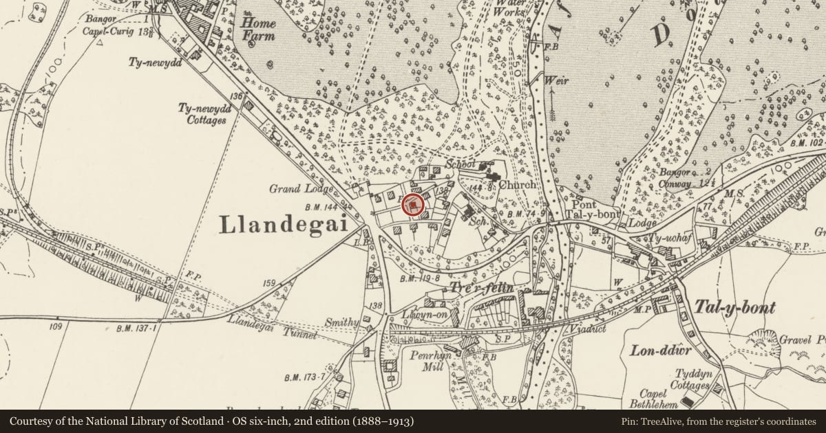 Ordnance Survey six-inch map, 2nd edition (1888–1913) covering the location of 7 Llandygai Village, Gwynedd, with a pin at the register's coordinates