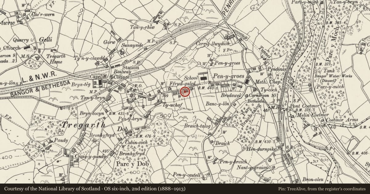 Ordnance Survey six-inch map, 2nd edition (1888–1913) covering the location of 5, Llandygai, Gwynedd, with a pin at the register's coordinates
