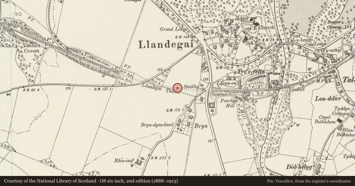 Ordnance Survey six-inch map, 2nd edition (1888–1913) covering the location of Air shaft to Llandygai Tunnel, Gwynedd, with a pin at the register's coordinates