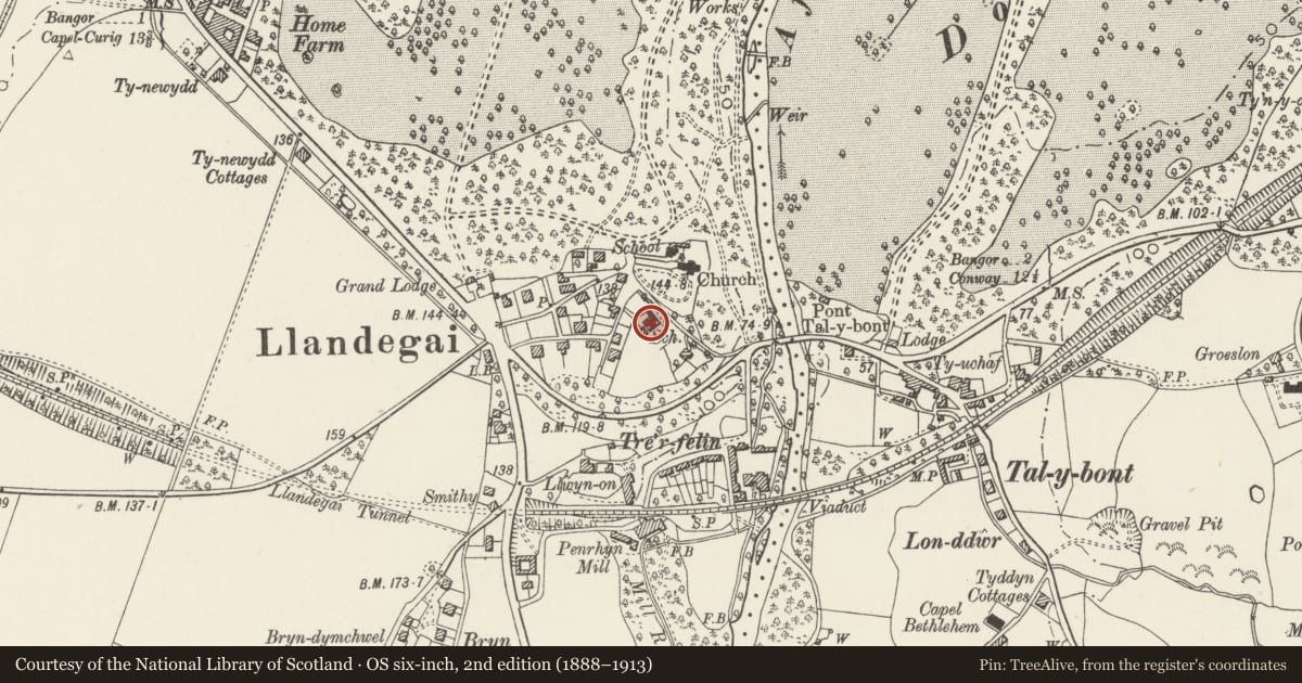 Ordnance Survey six-inch map, 2nd edition (1888–1913) covering the location of Ysgol Llandygai & School House, Gwynedd, with a pin at the register's coordinates