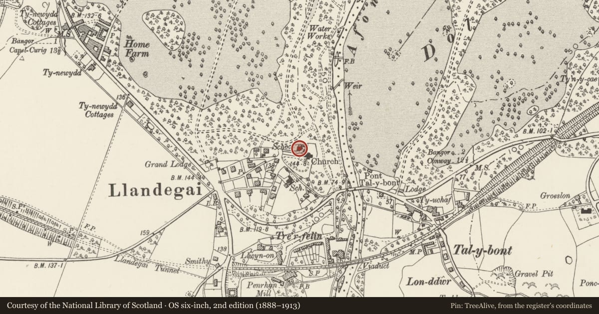 Ordnance Survey six-inch map, 2nd edition (1888–1913) covering the location of Neuadd Talgai, Llandygai, Gwynedd, with a pin at the register's coordinates