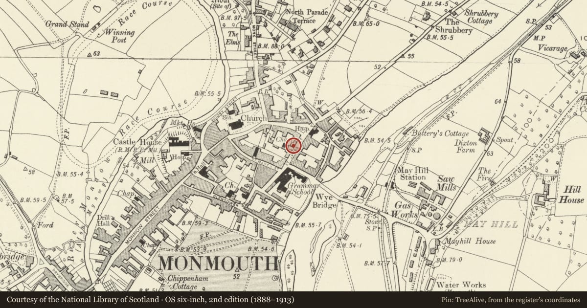 Ordnance Survey six-inch map, 2nd edition (1888–1913) covering the location of The Hame, Monmouth, Monmouthshire, with a pin at the register's coordinates
