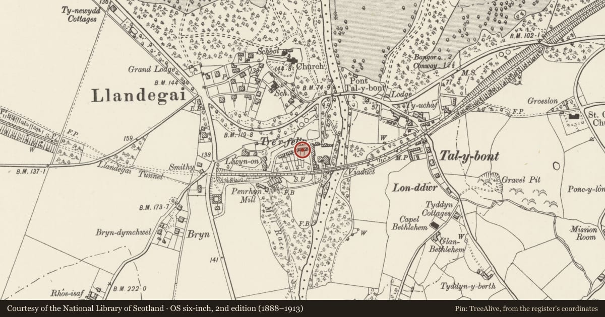 Ordnance Survey six-inch map, 2nd edition (1888–1913) covering the location of Tre-felin Cottages, Llandygai, Gwynedd, with a pin at the register's coordinates
