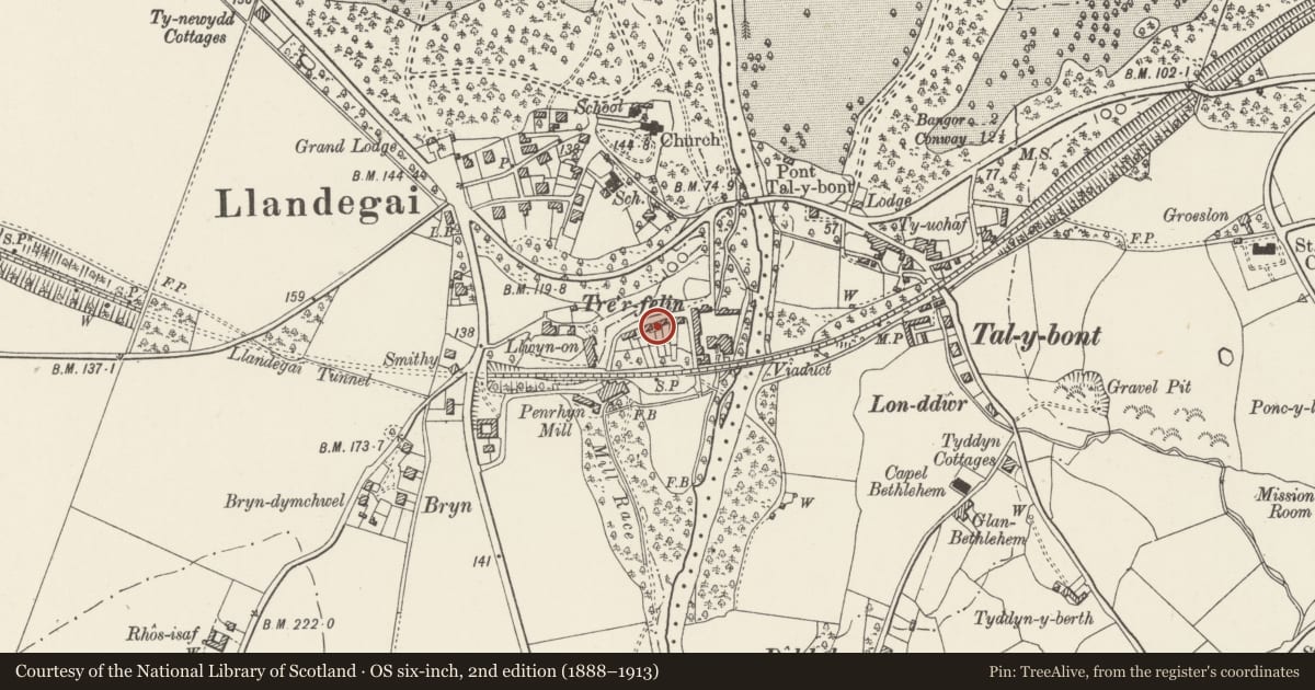Ordnance Survey six-inch map, 2nd edition (1888–1913) covering the location of Tre-felin Cottages, Llandygai, Gwynedd, with a pin at the register's coordinates