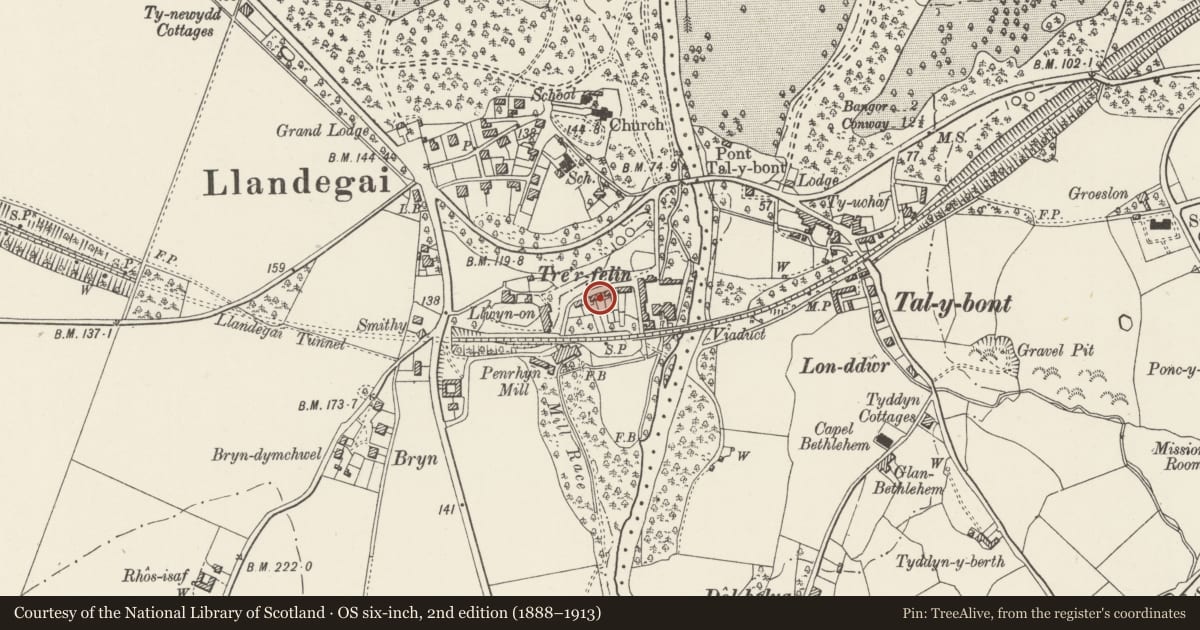 Ordnance Survey six-inch map, 2nd edition (1888–1913) covering the location of Tre-felin Cottages, Llandygai, Gwynedd, with a pin at the register's coordinates