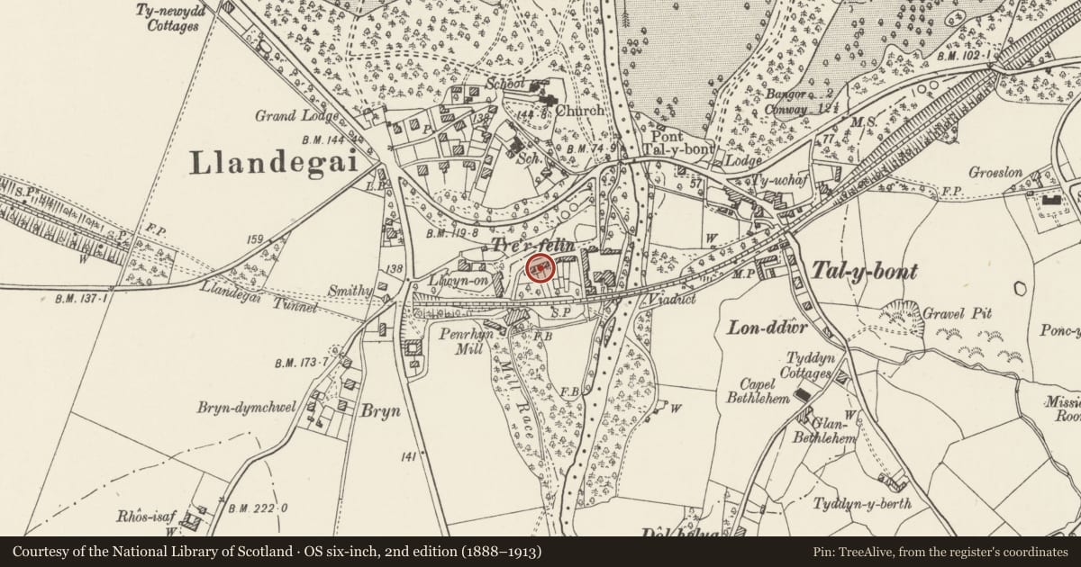 Ordnance Survey six-inch map, 2nd edition (1888–1913) covering the location of Tre-felin Cottages, Llandygai, Gwynedd, with a pin at the register's coordinates