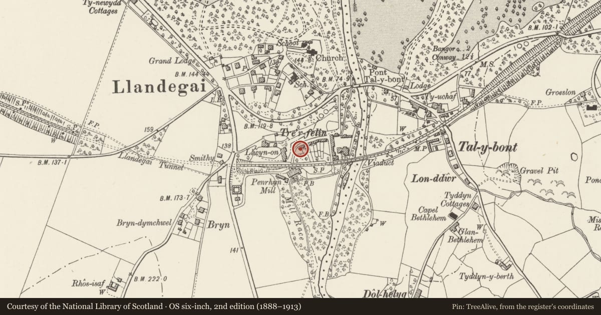 Ordnance Survey six-inch map, 2nd edition (1888–1913) covering the location of Tre-felin Cottages, Llandygai, Gwynedd, with a pin at the register's coordinates