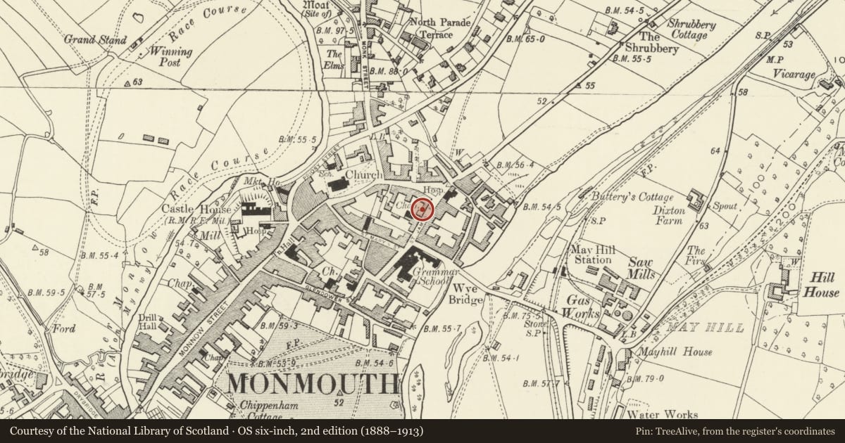 Ordnance Survey six-inch map, 2nd edition (1888–1913) covering the location of 18 St. James' Street, Monmouth, Monmouthshire, with a pin at the register's coordinates