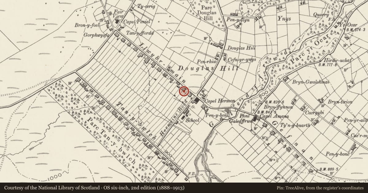 Ordnance Survey six-inch map, 2nd edition (1888–1913) covering the location of Privies to Nos.23 & 24, Llandygai, Gwynedd, with a pin at the register's coordinates