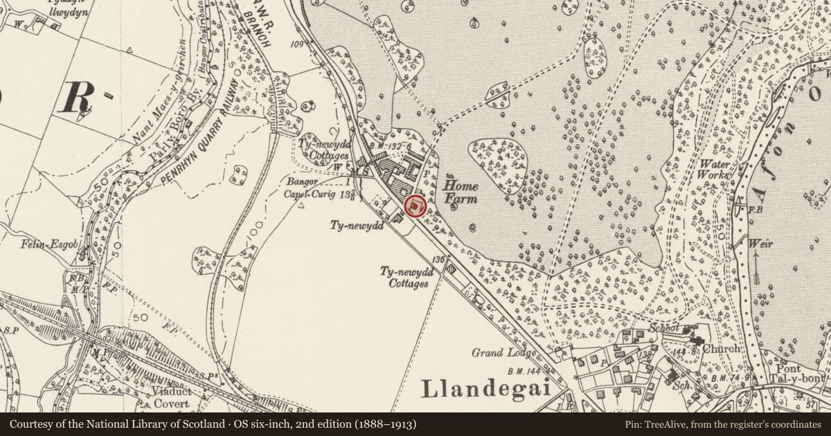 Ordnance Survey six-inch map, 2nd edition (1888–1913) covering the location of Southern Cottage at Home Farm, Llandygai, Gwynedd, with a pin at the register's coordinates