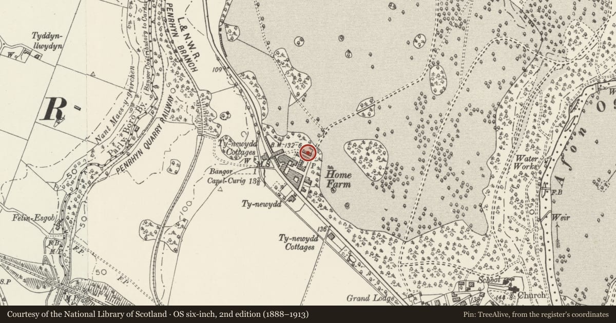 Ordnance Survey six-inch map, 2nd edition (1888–1913) covering the location of Cart Shelter Range at Home Farm, Llandygai, Gwynedd, with a pin at the register's coordinates