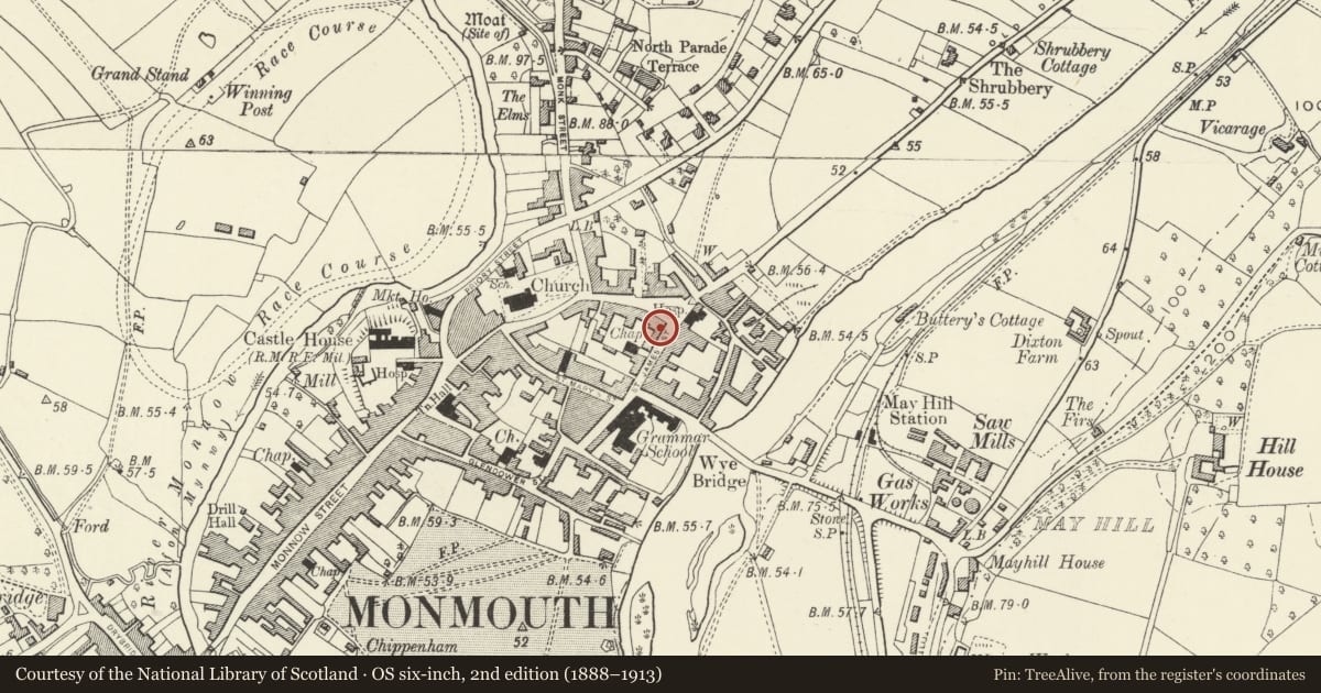 Ordnance Survey six-inch map, 2nd edition (1888–1913) covering the location of 24 St. James' Street, Monmouth, Monmouthshire, with a pin at the register's coordinates