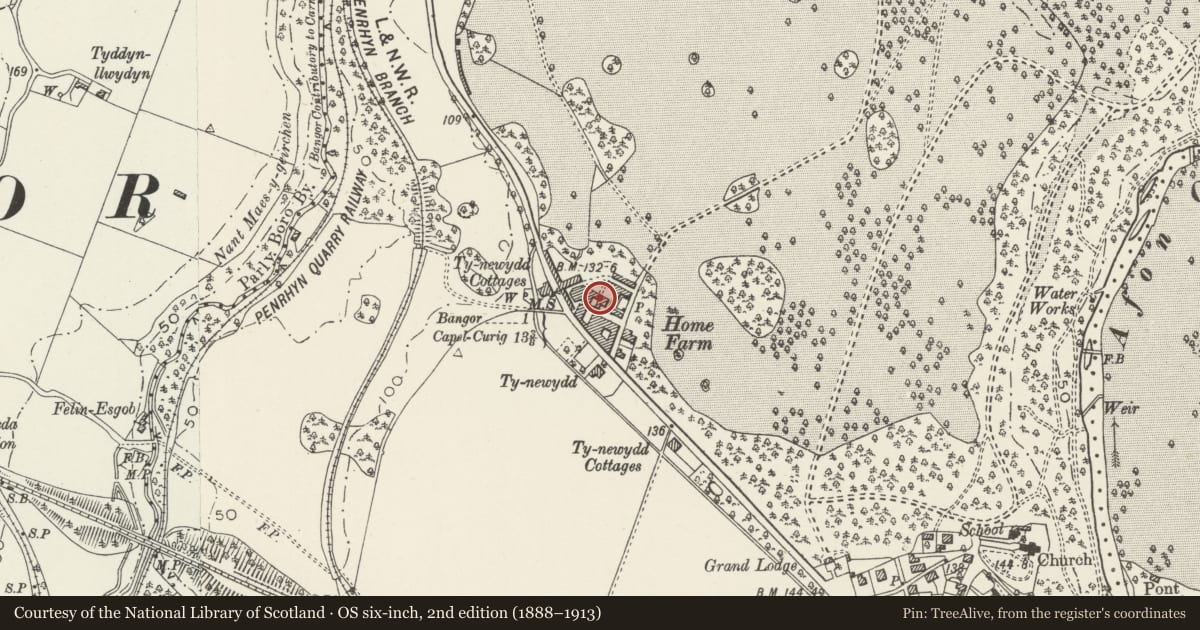 Ordnance Survey six-inch map, 2nd edition (1888–1913) covering the location of Threshing Barn at Home Farm, Llandygai, Gwynedd, with a pin at the register's coordinates