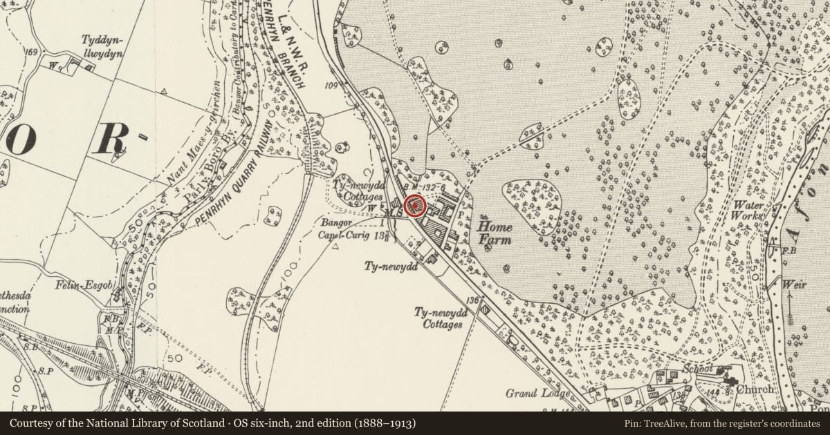 Ordnance Survey six-inch map, 2nd edition (1888–1913) covering the location of Engine House attached to south side of threshing barn at Home Farm, Llandygai, Gwynedd, with a pin at the register's coordinates