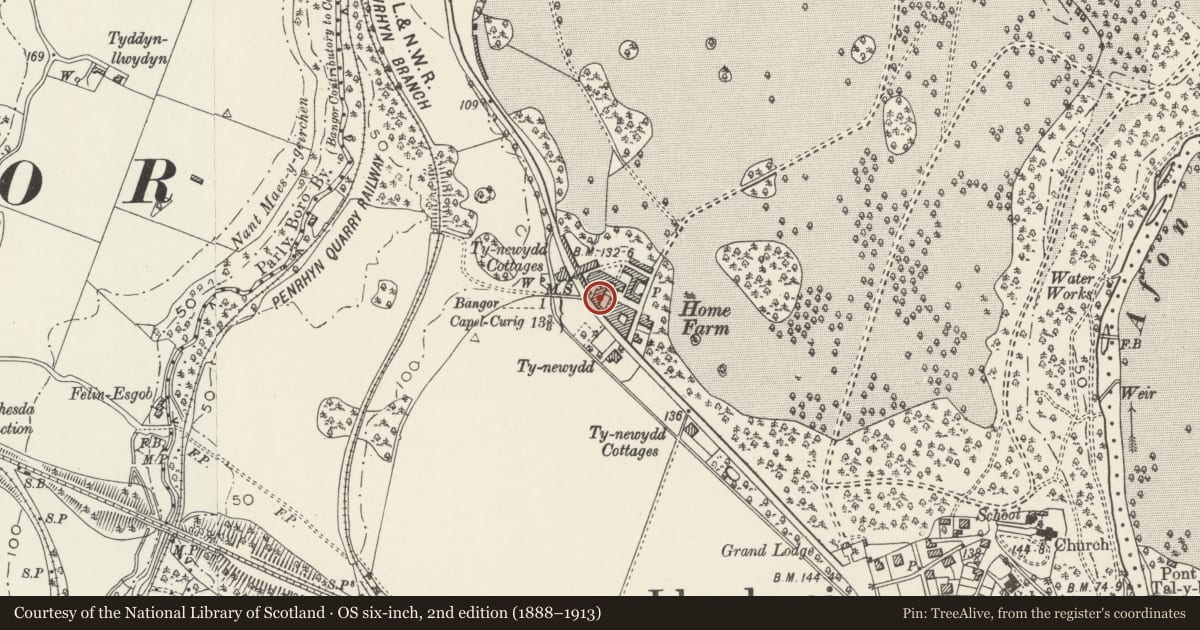Ordnance Survey six-inch map, 2nd edition (1888–1913) covering the location of Barn Range between main and outer yards at Home Farm, Llandygai, Gwynedd, with a pin at the register's coordinates