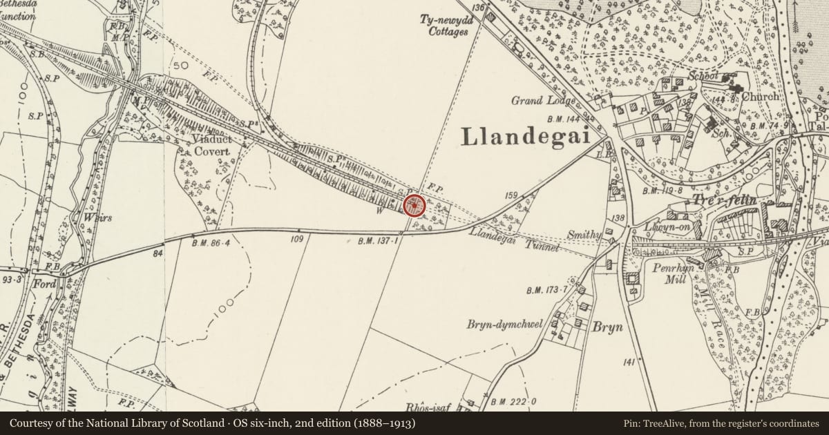 Ordnance Survey six-inch map, 2nd edition (1888–1913) covering the location of Portal at west end of Llandygai Tunnel, Gwynedd, with a pin at the register's coordinates