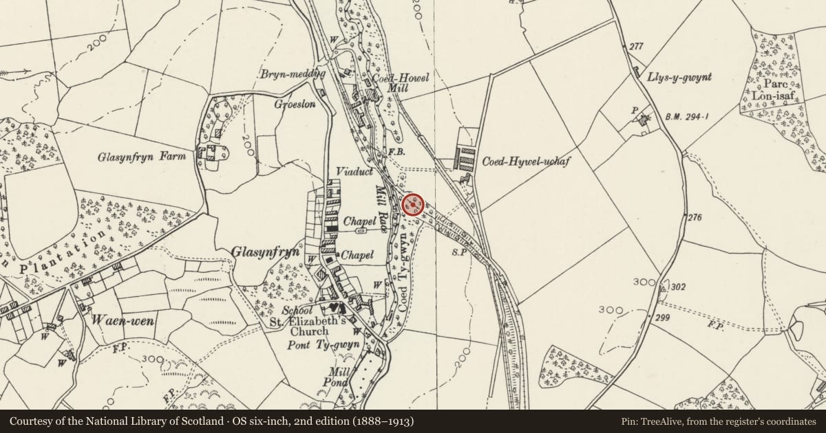 Ordnance Survey six-inch map, 2nd edition (1888–1913) covering the location of Glasinfryn Viaduct (partly in Pentir community), Llandygai, Gwynedd, with a pin at the register's coordinates
