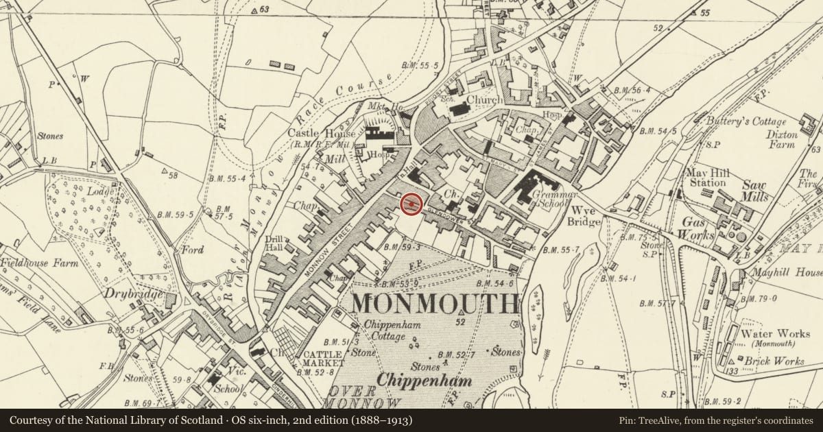 Ordnance Survey six-inch map, 2nd edition (1888–1913) covering the location of 3 St. John Street, Monmouth, Monmouthshire, with a pin at the register's coordinates