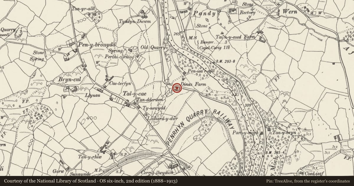Ordnance Survey six-inch map, 2nd edition (1888–1913) covering the location of Hay Barn at Dinas, Llandygai, Gwynedd, with a pin at the register's coordinates