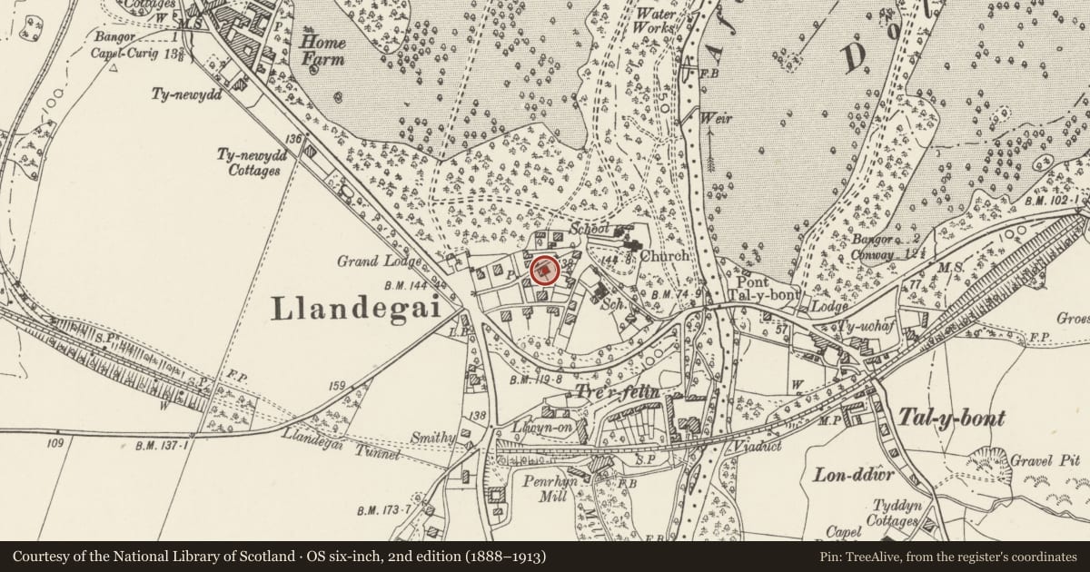 Ordnance Survey six-inch map, 2nd edition (1888–1913) covering the location of Rose Cottage, Llandygai, Gwynedd, with a pin at the register's coordinates