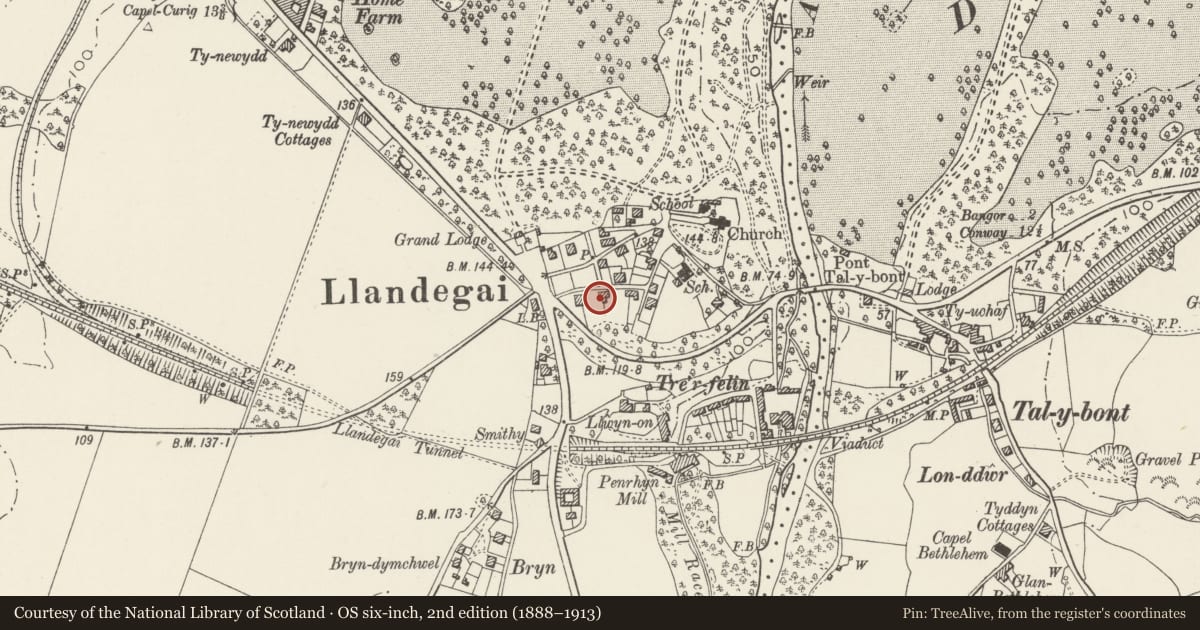 Ordnance Survey six-inch map, 2nd edition (1888–1913) covering the location of 22 Llandygai Village, Gwynedd, with a pin at the register's coordinates