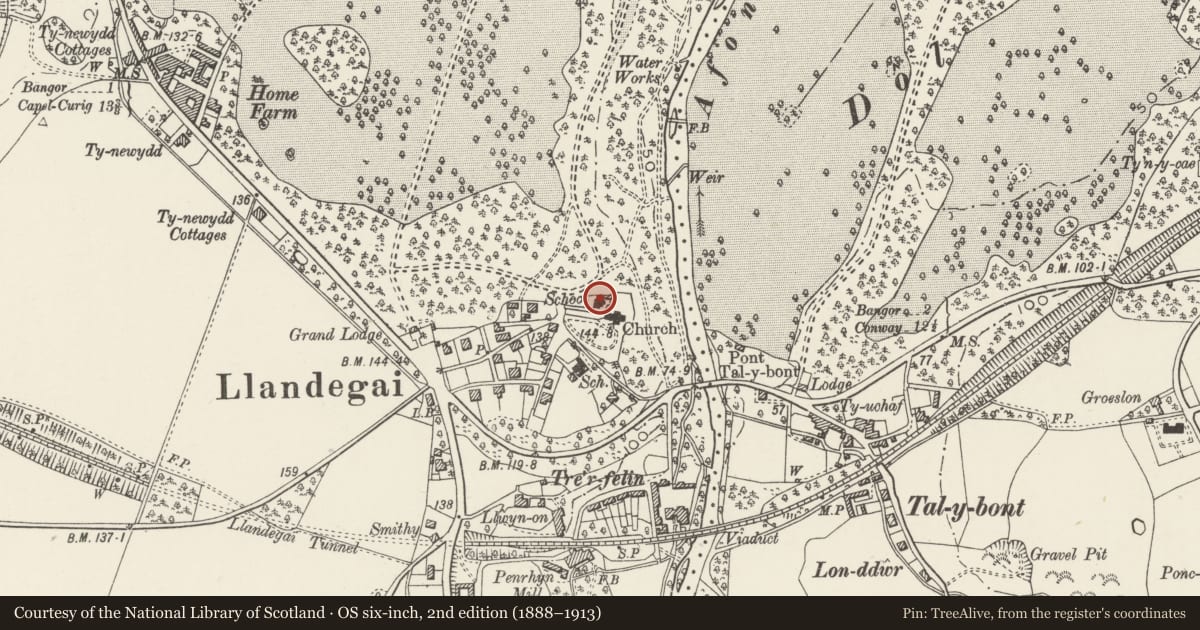 Ordnance Survey six-inch map, 2nd edition (1888–1913) covering the location of The Old School House, Llandygai, Gwynedd, with a pin at the register's coordinates