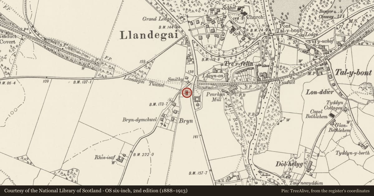 Ordnance Survey six-inch map, 2nd edition (1888–1913) covering the location of Tan-y-Bryn, Llandygai, Gwynedd, with a pin at the register's coordinates