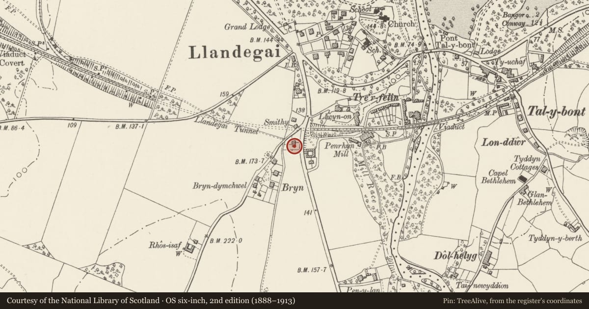 Ordnance Survey six-inch map, 2nd edition (1888–1913) covering the location of Tan-y-Bryn, Llandygai, Gwynedd, with a pin at the register's coordinates