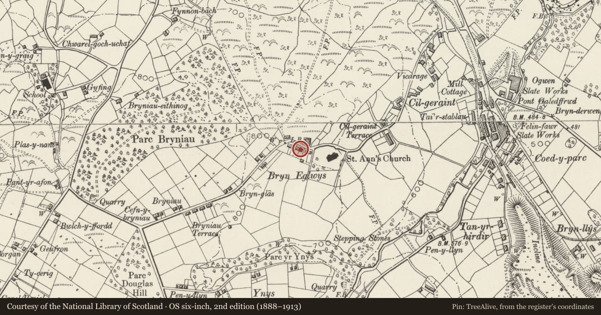 Ordnance Survey six-inch map, 2nd edition (1888–1913) covering the location of 4 Bryn Eglwys, Llandygai, Gwynedd, with a pin at the register's coordinates