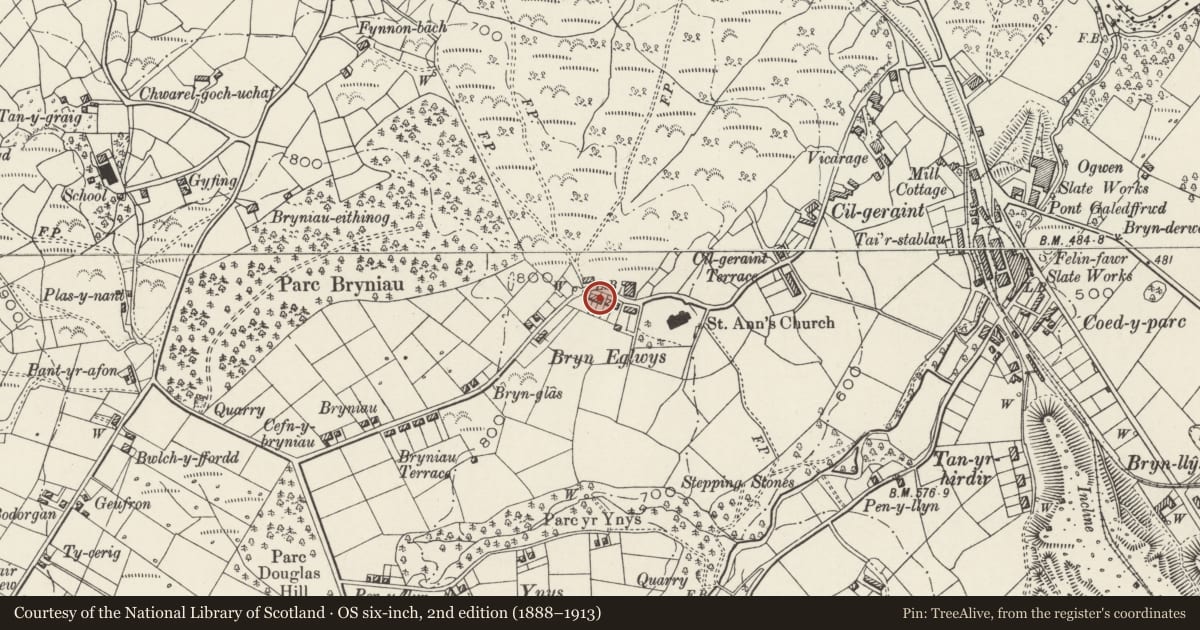 Ordnance Survey six-inch map, 2nd edition (1888–1913) covering the location of 6 Bryn Eglwys, Llandygai, Gwynedd, with a pin at the register's coordinates