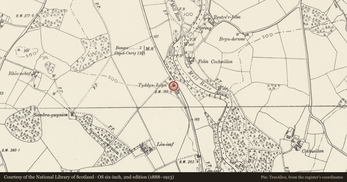 Ordnance Survey six-inch map, 2nd edition (1888–1913) covering the location of 3 Tyddyn Iolyn, Llandygai, Gwynedd, with a pin at the register's coordinates