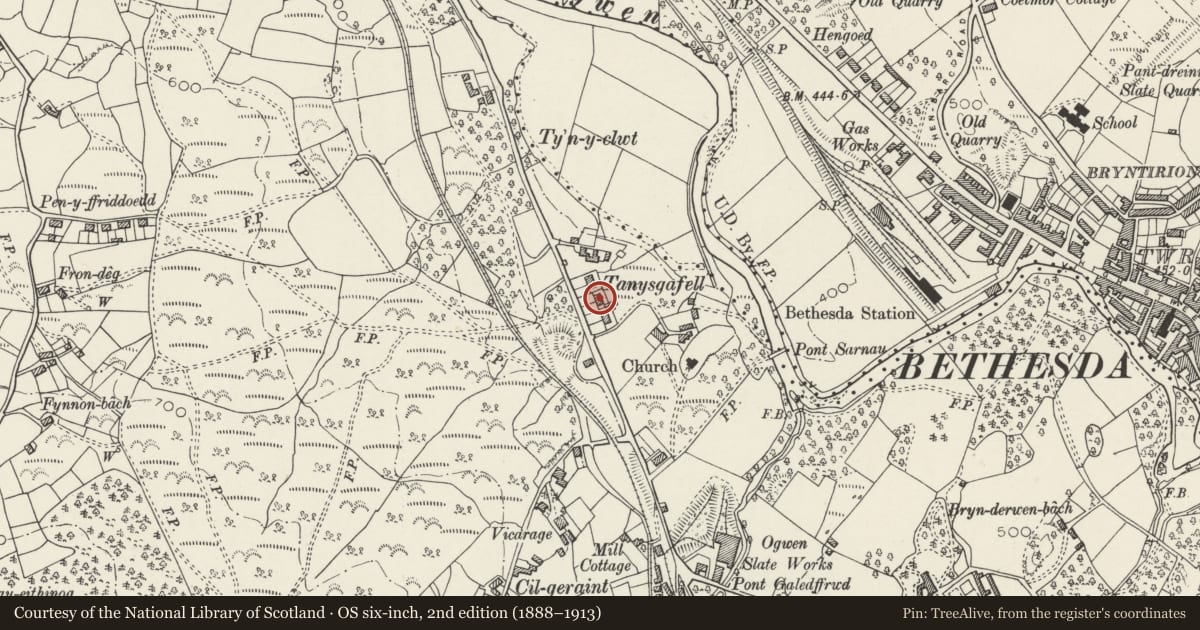 Ordnance Survey six-inch map, 2nd edition (1888–1913) covering the location of Tanysgafell, Llandygai, Gwynedd, with a pin at the register's coordinates
