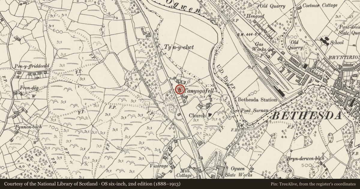 Ordnance Survey six-inch map, 2nd edition (1888–1913) covering the location of Tanysgafell, Llandygai, Gwynedd, with a pin at the register's coordinates