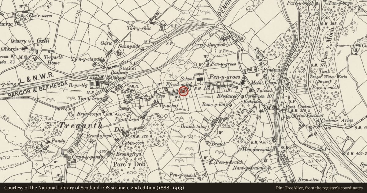 Ordnance Survey six-inch map, 2nd edition (1888–1913) covering the location of Ffrwd Galed, Llandygai, Gwynedd, with a pin at the register's coordinates