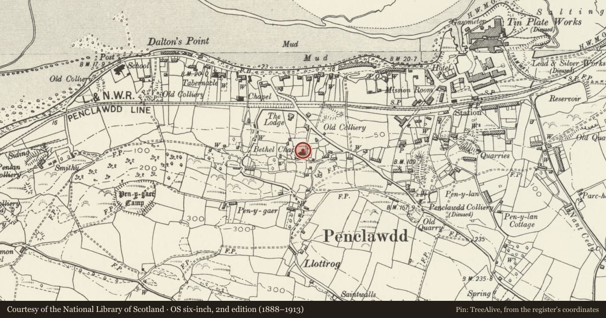 Ordnance Survey six-inch map, 2nd edition (1888–1913) covering the location of Bethel Independent Chapel including Sunday School to rear, Llanrhidian Higher, Swansea, with a pin at the register's coordinates