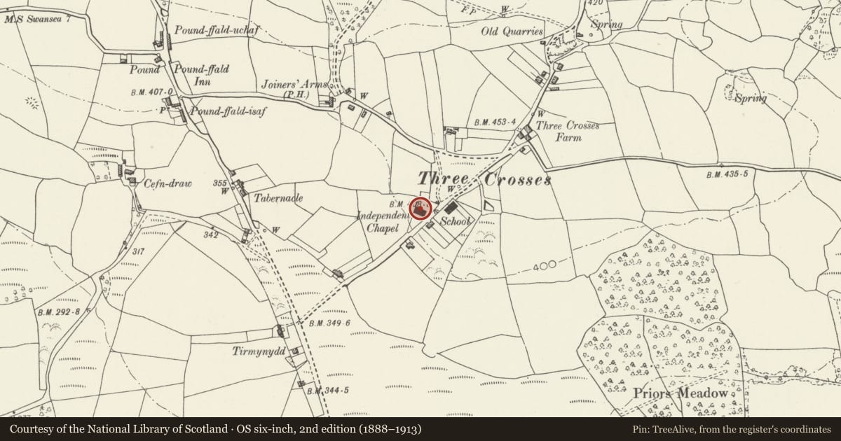 Ordnance Survey six-inch map, 2nd edition (1888–1913) covering the location of Y Crwys Independent Chapel including boundary railings and piers, Llanrhidian Higher, Swansea, with a pin at the register's coordinates