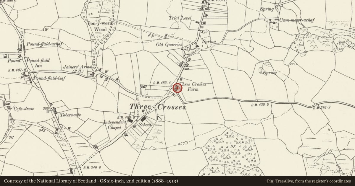 Ordnance Survey six-inch map, 2nd edition (1888–1913) covering the location of Crwys Farmhouse, Llanrhidian Higher, Swansea, with a pin at the register's coordinates