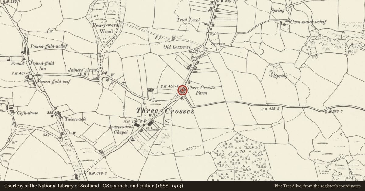 Ordnance Survey six-inch map, 2nd edition (1888–1913) covering the location of Livestock Range with Loft, Crwys Farm, Llanrhidian Higher, Swansea, with a pin at the register's coordinates