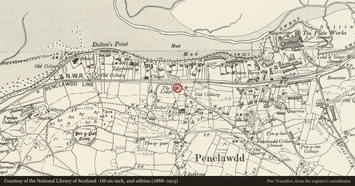 Ordnance Survey six-inch map, 2nd edition (1888–1913) covering the location of The Lodge, Llanrhidian Higher, Swansea, with a pin at the register's coordinates