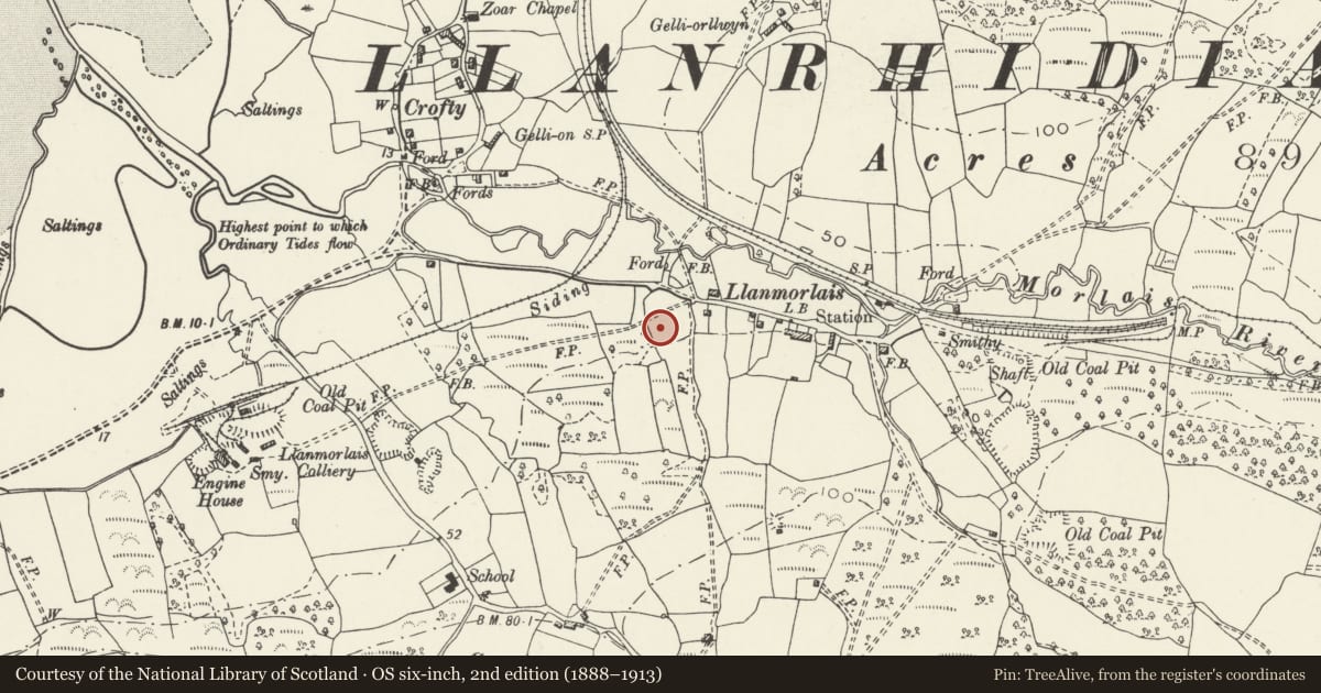 Ordnance Survey six-inch map, 2nd edition (1888–1913) covering the location of Tirzah Baptist Chapel, Llanrhidian Higher, Swansea, with a pin at the register's coordinates