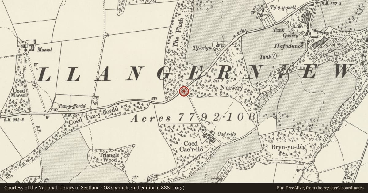 Ordnance Survey six-inch map, 2nd edition (1888–1913) covering the location of Former Toll-gate, Posts and Turnstile, Llangernyw, Conwy, with a pin at the register's coordinates