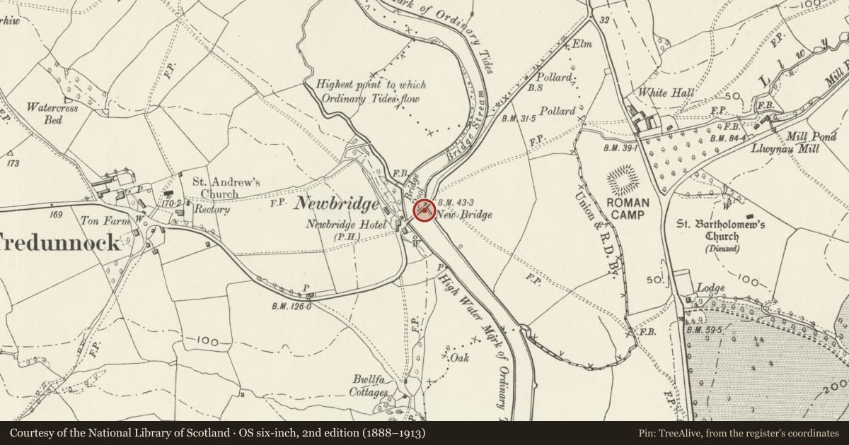 Ordnance Survey six-inch map, 2nd edition (1888–1913) covering the location of New Bridge, Llantrisant Fawr, Monmouthshire, with a pin at the register's coordinates