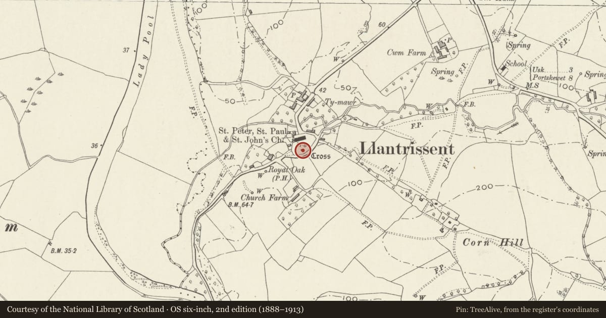 Ordnance Survey six-inch map, 2nd edition (1888–1913) covering the location of Churchyard Cross, Llantrisant Fawr, Monmouthshire, with a pin at the register's coordinates