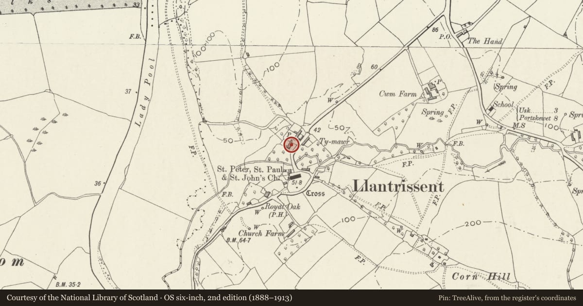 Ordnance Survey six-inch map, 2nd edition (1888–1913) covering the location of Outbuilding at Ty Mawr, Llantrisant Fawr, Monmouthshire, with a pin at the register's coordinates