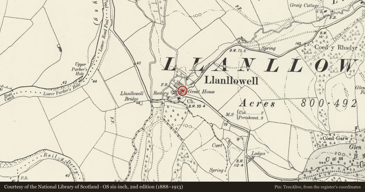 Ordnance Survey six-inch map, 2nd edition (1888–1913) covering the location of Great House, Llantrisant Fawr, Monmouthshire, with a pin at the register's coordinates