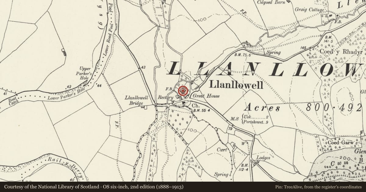Ordnance Survey six-inch map, 2nd edition (1888–1913) covering the location of Barn range at Great House, Llantrisant Fawr, Monmouthshire, with a pin at the register's coordinates